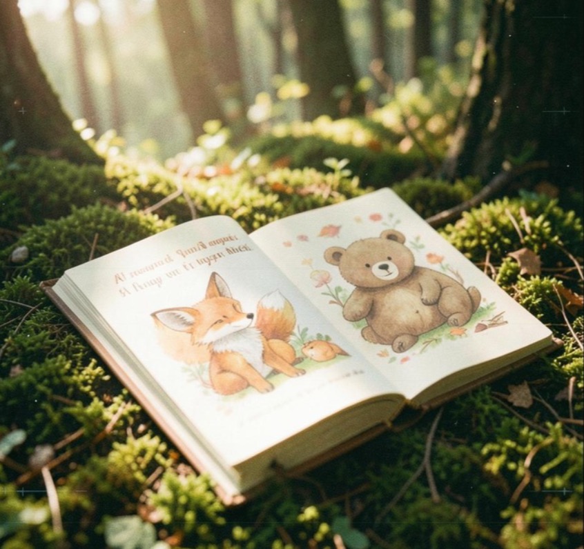 Aufgeschlagenes Bilderbuch mit Fuchs und Bär auf Waldmoos